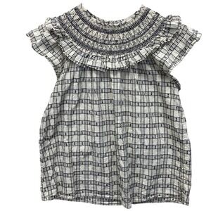 LOFT Womens M White Black Plaid Smocked Ruffle Cap Sleeve Blouse embroidery